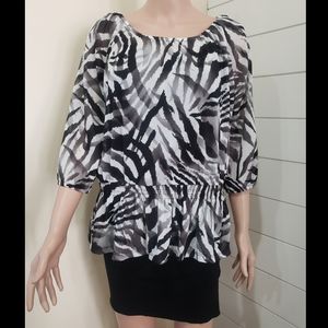 Twonders Black and White Zebra Print Peplum Style Blouse - Size Medium (Petite)